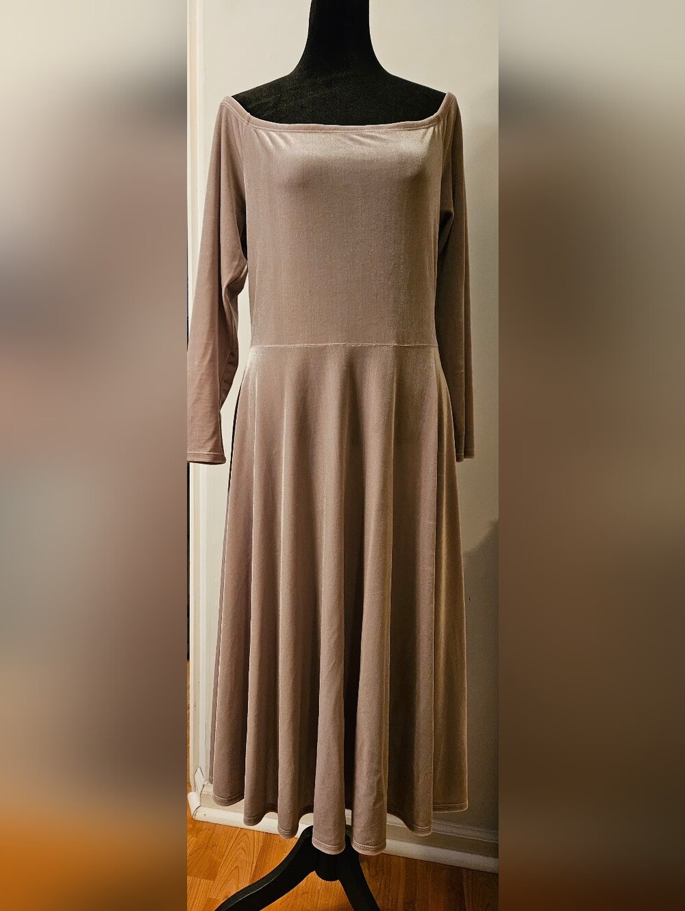 Soprano Long Sleeve Taupe Boatneck Midi Dress